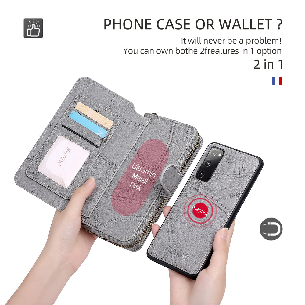 MEGSHI 004 Series 2-in-1 Detachable Magnetic PU Leather Zipper Wallet Case Stand Flip Protective Cover with Strap for Samsung Galaxy S20 FE 2022/S20 FE/S20 FE 5G/S20 Lite - Grey