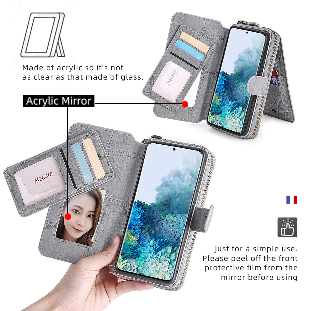 MEGSHI 004 Series 2-in-1 Detachable Magnetic PU Leather Zipper Wallet Case Stand Flip Protective Cover with Strap for Samsung Galaxy S20 FE 2022/S20 FE/S20 FE 5G/S20 Lite - Grey