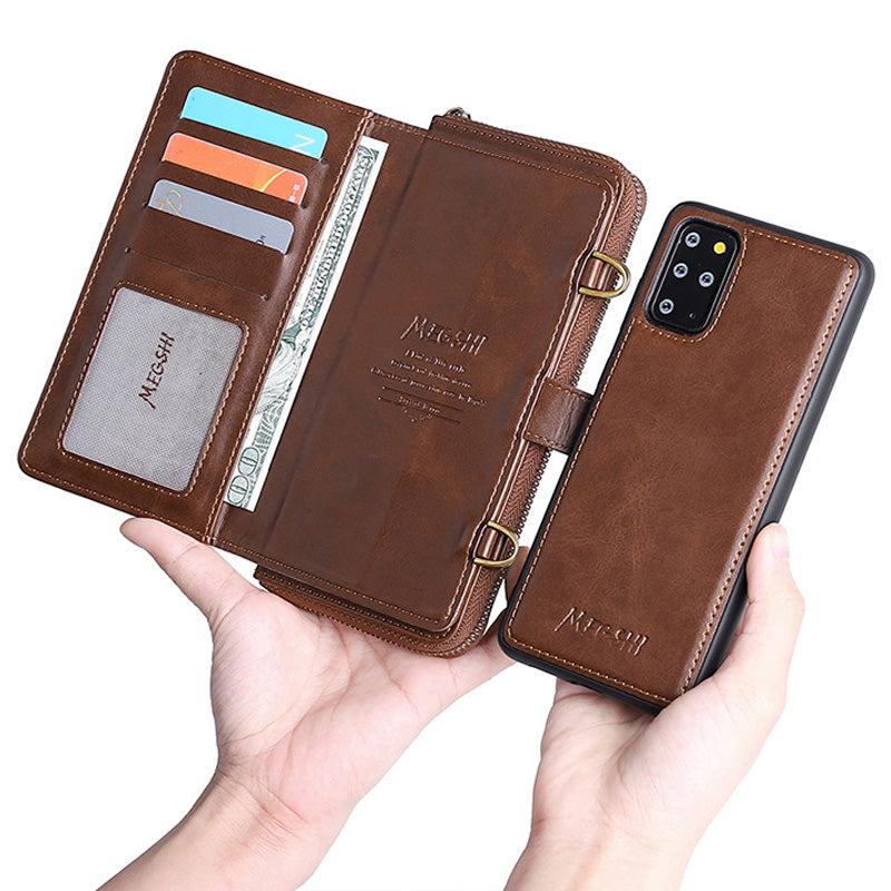 MEGSHI 020 Series PU Leather Wallet Case Magnetic Detachable Flip Folio Cover with Shoulder Strap for Samsung Galaxy S20 Plus 4G/5G - Brown