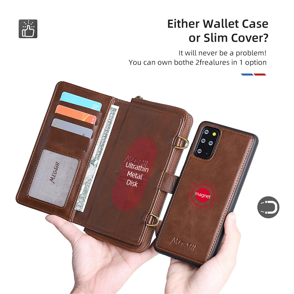 MEGSHI 020 Series PU Leather Wallet Case Magnetic Detachable Flip Folio Cover with Shoulder Strap for Samsung Galaxy S20 Plus 4G/5G - Brown