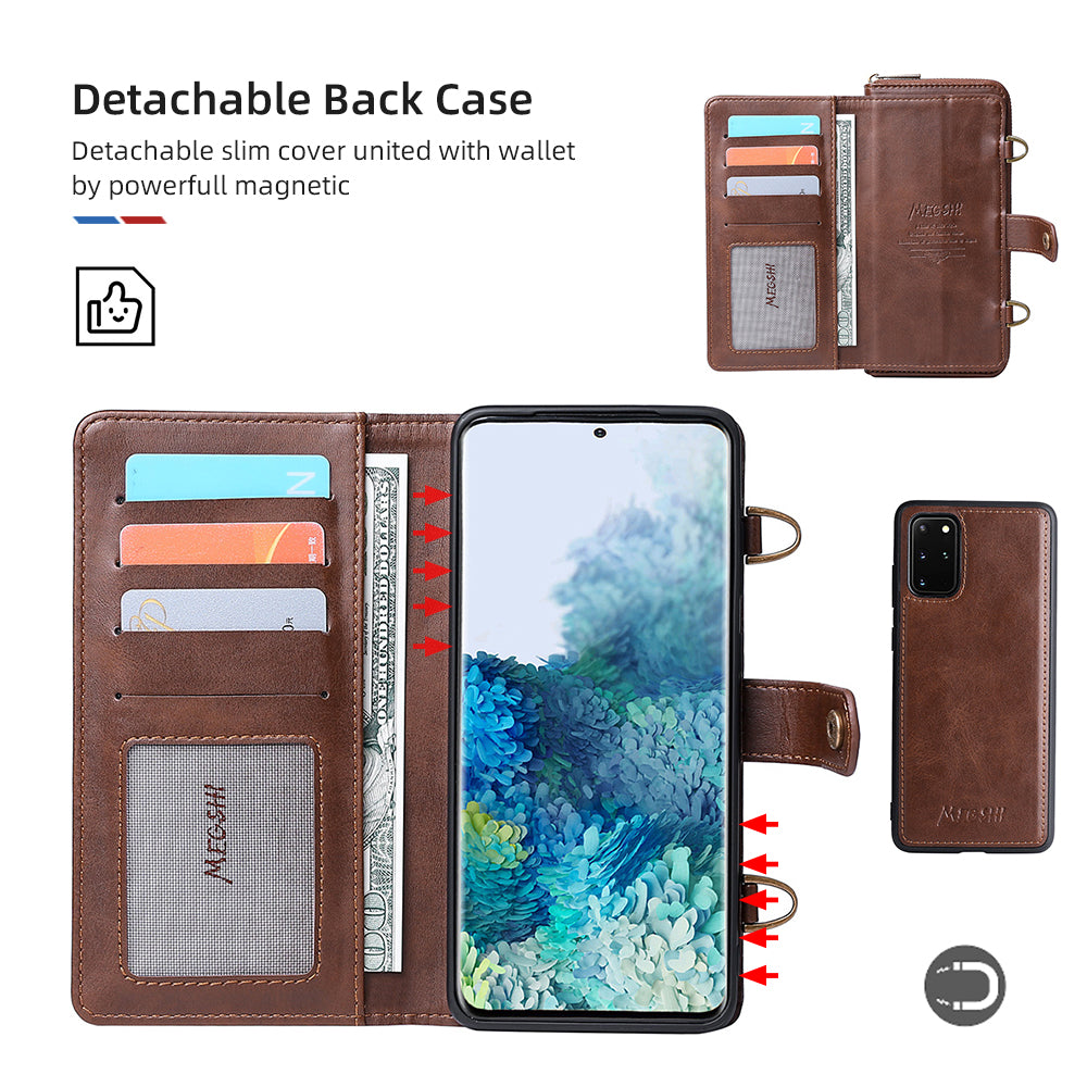 MEGSHI 020 Series PU Leather Wallet Case Magnetic Detachable Flip Folio Cover with Shoulder Strap for Samsung Galaxy S20 Plus 4G/5G - Brown
