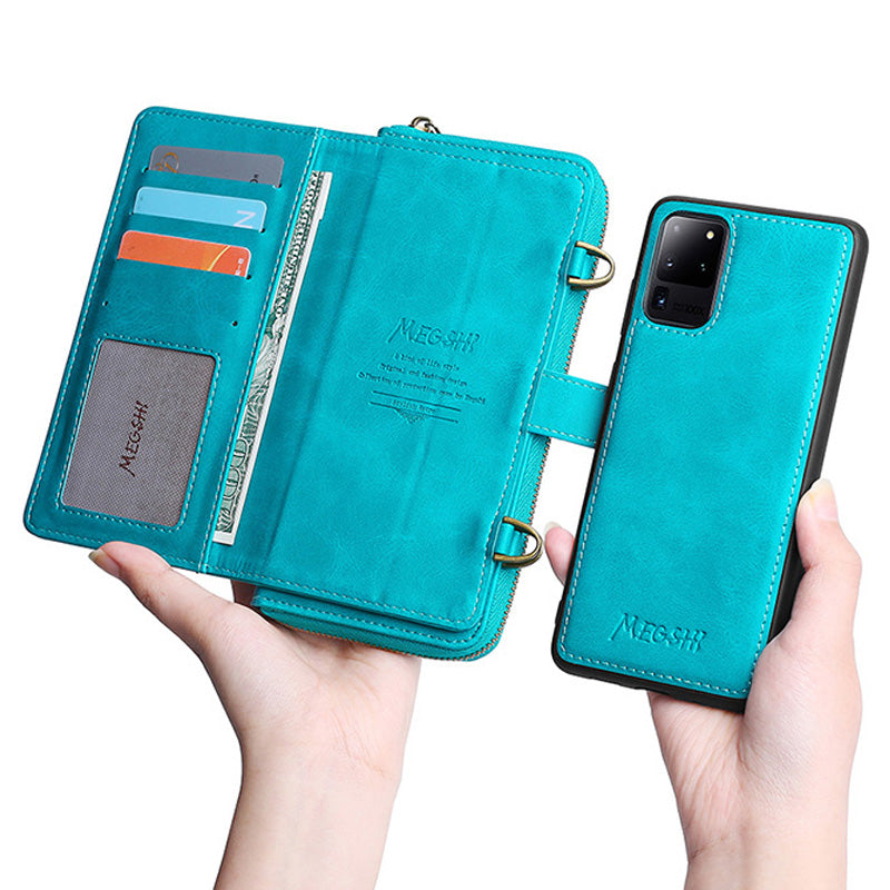 MEGSHI 020 Series PU Leather Wallet Case Magnetic Detachable Flip Folio Cover with Shoulder Strap for Samsung Galaxy S20 Plus 4G/5G - Blue