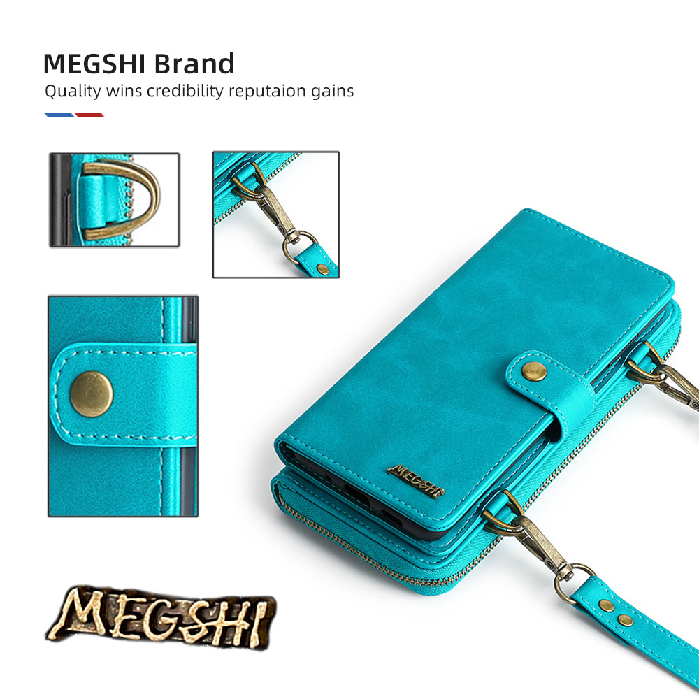 MEGSHI 020 Series PU Leather Wallet Case Magnetic Detachable Flip Folio Cover with Shoulder Strap for Samsung Galaxy S20 Plus 4G/5G - Blue