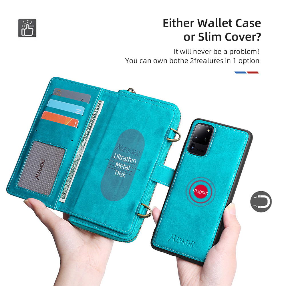 MEGSHI 020 Series PU Leather Wallet Case Magnetic Detachable Flip Folio Cover with Shoulder Strap for Samsung Galaxy S20 Plus 4G/5G - Blue