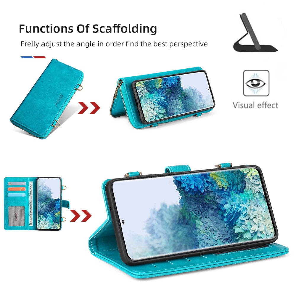 MEGSHI 020 Series PU Leather Wallet Case Magnetic Detachable Flip Folio Cover with Shoulder Strap for Samsung Galaxy S20 Plus 4G/5G - Blue