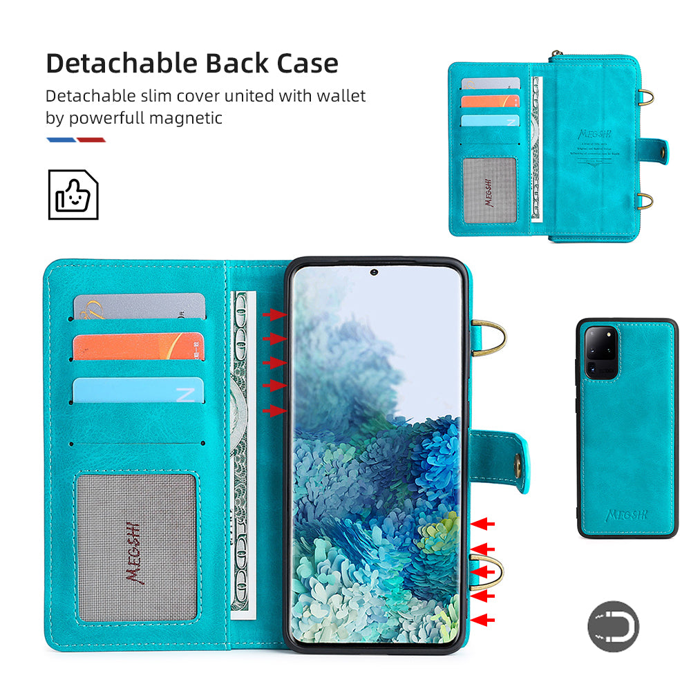 MEGSHI 020 Series PU Leather Wallet Case Magnetic Detachable Flip Folio Cover with Shoulder Strap for Samsung Galaxy S20 Plus 4G/5G - Blue