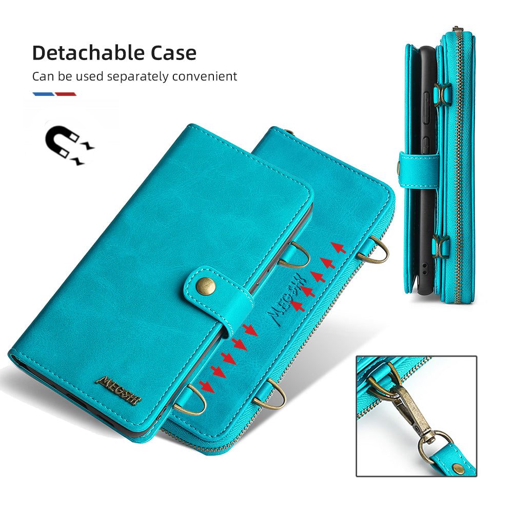 MEGSHI 020 Series PU Leather Wallet Case Magnetic Detachable Flip Folio Cover with Shoulder Strap for Samsung Galaxy S20 Plus 4G/5G - Blue
