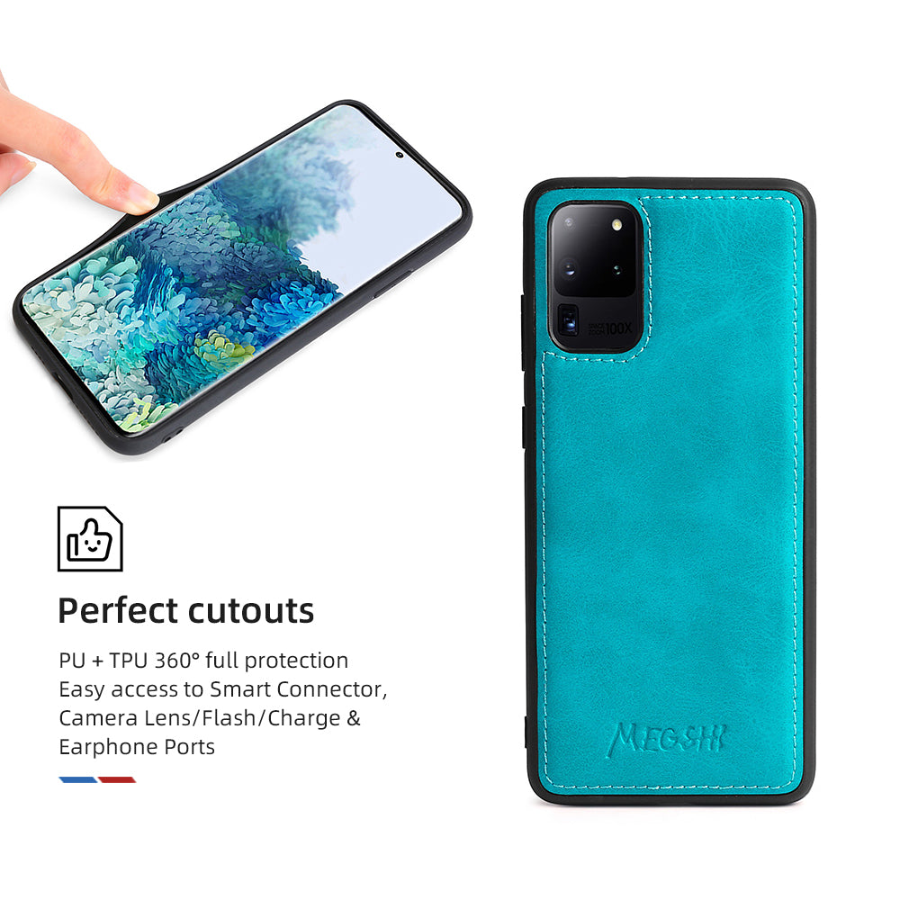 MEGSHI 020 Series PU Leather Wallet Case Magnetic Detachable Flip Folio Cover with Shoulder Strap for Samsung Galaxy S20 Plus 4G/5G - Blue