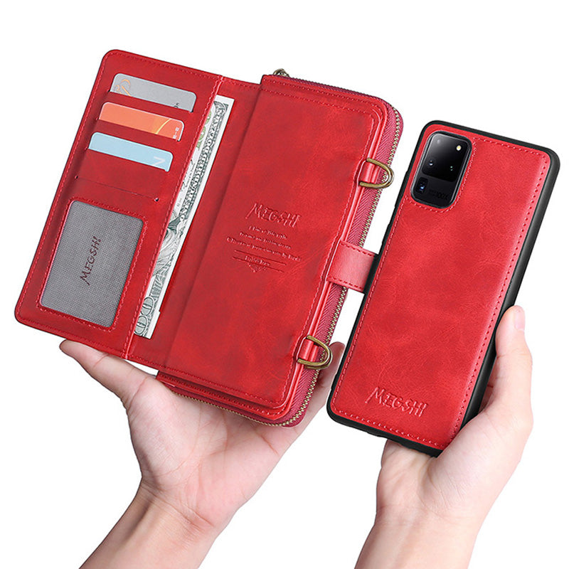 MEGSHI 020 Series PU Leather Wallet Case Magnetic Detachable Flip Folio Cover with Shoulder Strap for Samsung Galaxy S20 Plus 4G/5G - Red