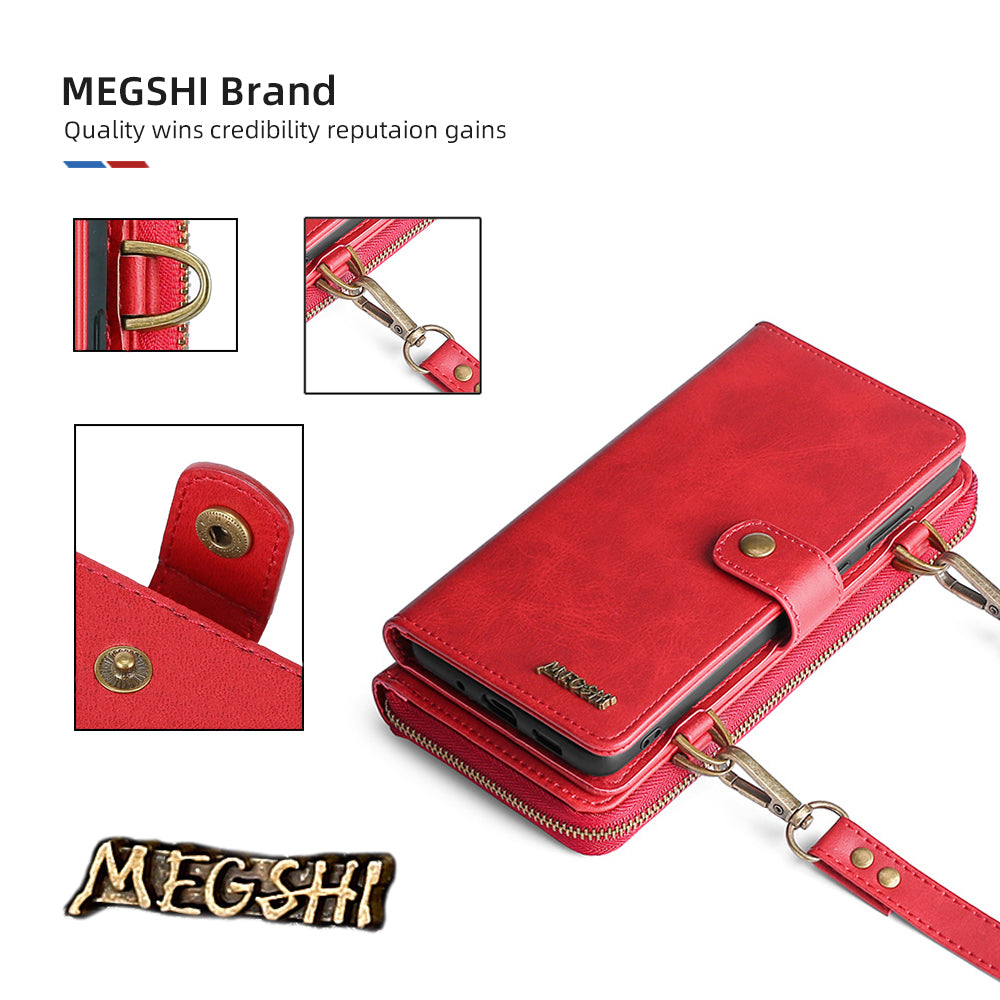 MEGSHI 020 Series PU Leather Wallet Case Magnetic Detachable Flip Folio Cover with Shoulder Strap for Samsung Galaxy S20 Plus 4G/5G - Red