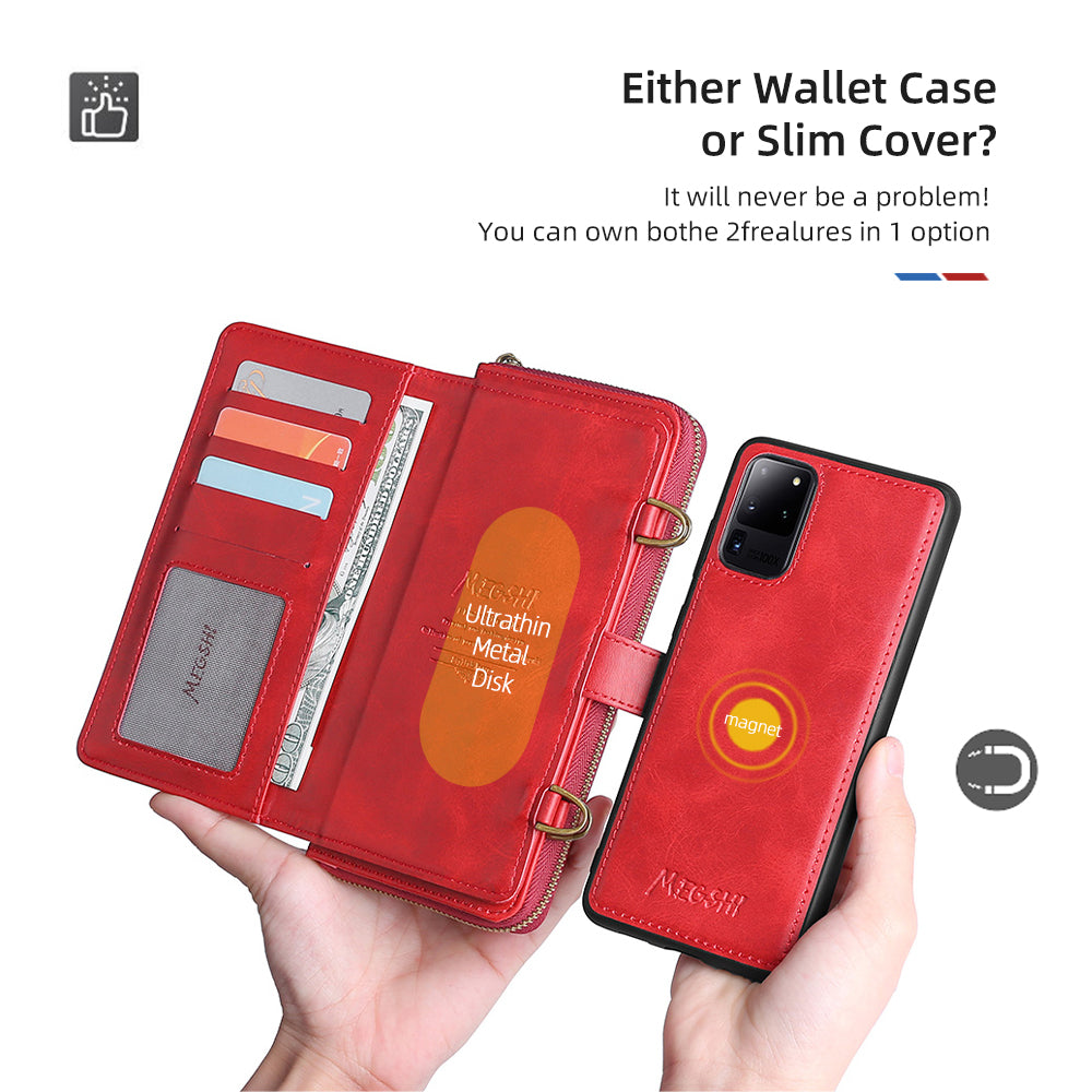 MEGSHI 020 Series PU Leather Wallet Case Magnetic Detachable Flip Folio Cover with Shoulder Strap for Samsung Galaxy S20 Plus 4G/5G - Red