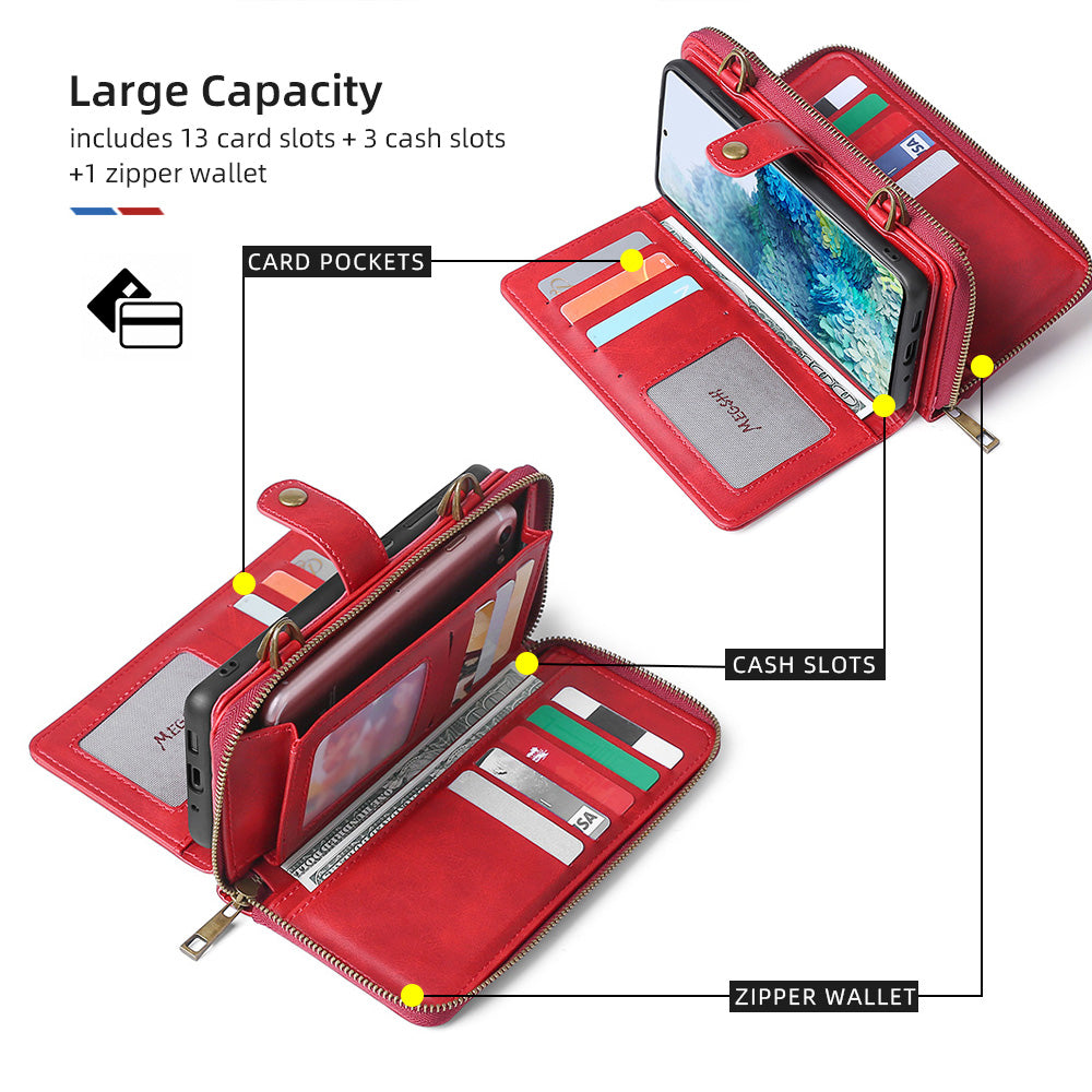MEGSHI 020 Series PU Leather Wallet Case Magnetic Detachable Flip Folio Cover with Shoulder Strap for Samsung Galaxy S20 Plus 4G/5G - Red