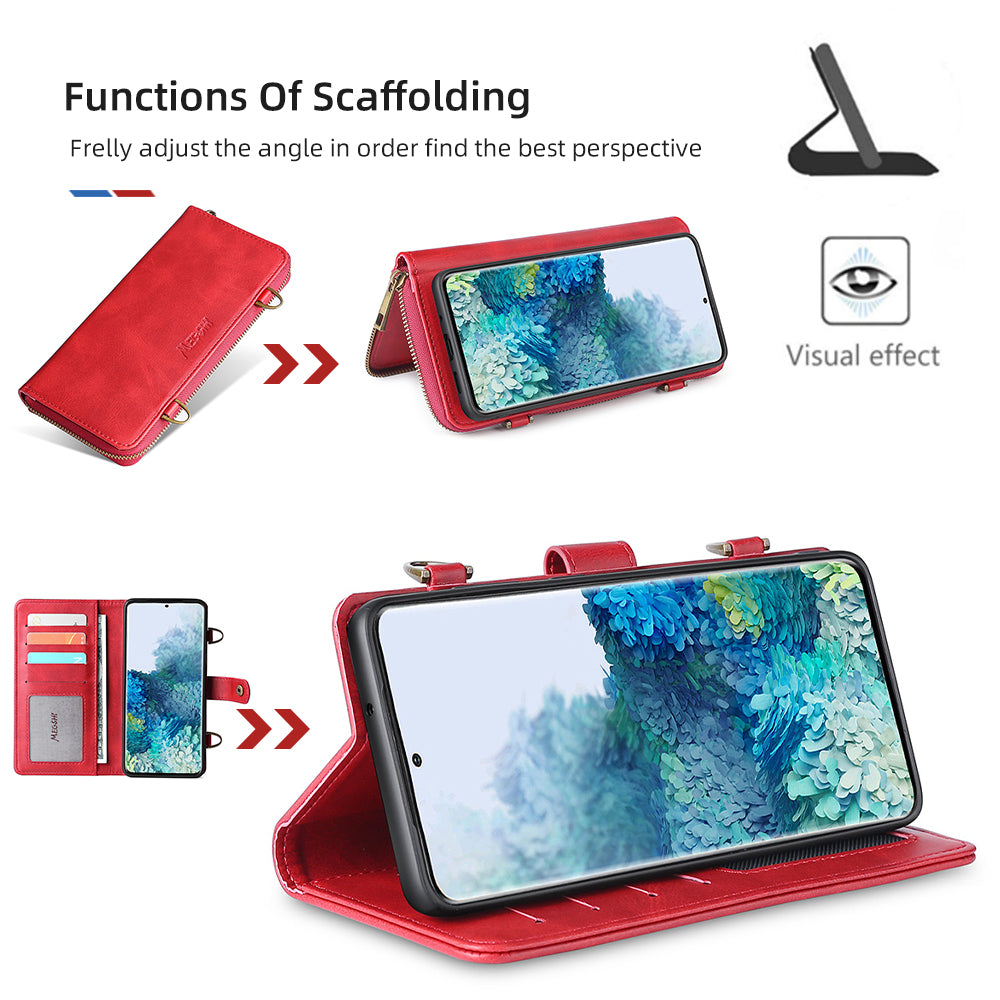 MEGSHI 020 Series PU Leather Wallet Case Magnetic Detachable Flip Folio Cover with Shoulder Strap for Samsung Galaxy S20 Plus 4G/5G - Red