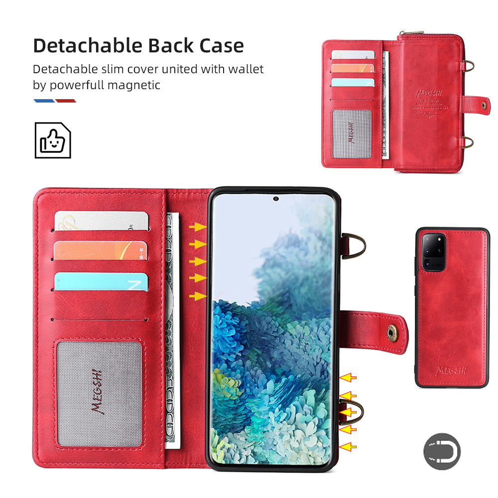 MEGSHI 020 Series PU Leather Wallet Case Magnetic Detachable Flip Folio Cover with Shoulder Strap for Samsung Galaxy S20 Plus 4G/5G - Red