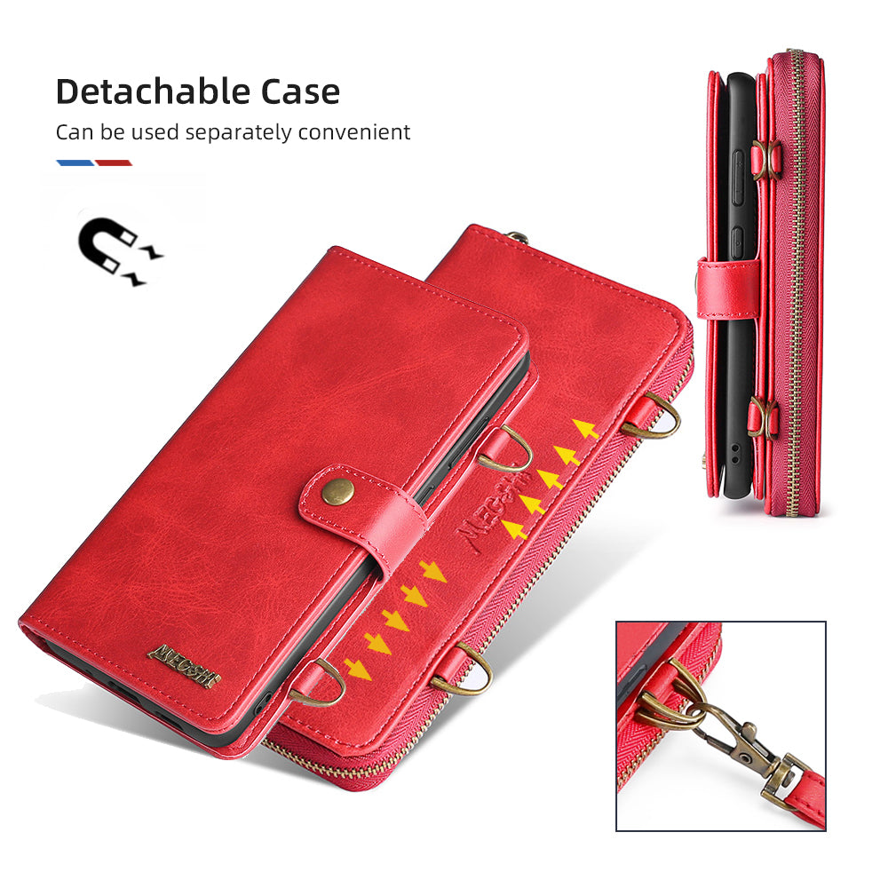 MEGSHI 020 Series PU Leather Wallet Case Magnetic Detachable Flip Folio Cover with Shoulder Strap for Samsung Galaxy S20 Plus 4G/5G - Red