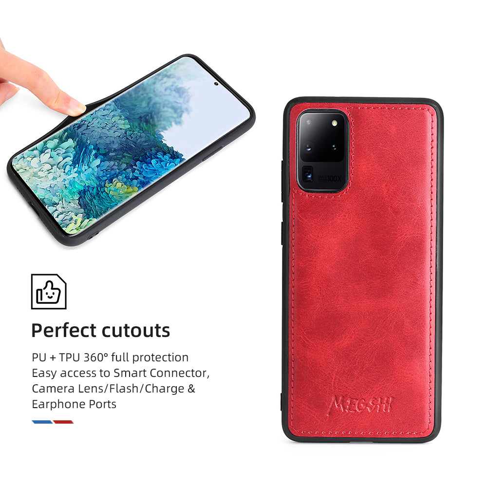 MEGSHI 020 Series PU Leather Wallet Case Magnetic Detachable Flip Folio Cover with Shoulder Strap for Samsung Galaxy S20 Plus 4G/5G - Red