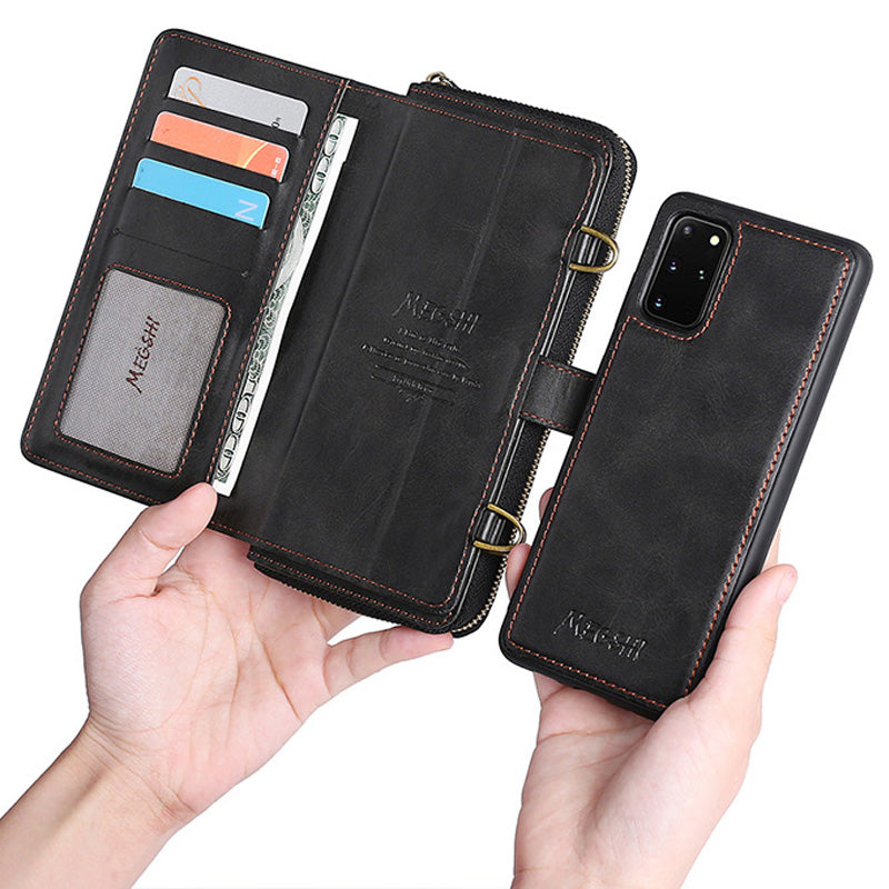 MEGSHI 020 Series PU Leather Wallet Case Magnetic Detachable Flip Folio Cover with Shoulder Strap for Samsung Galaxy S20 Plus 4G/5G - Black