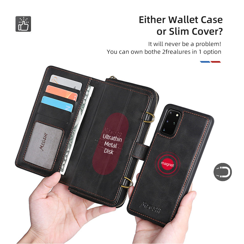 MEGSHI 020 Series PU Leather Wallet Case Magnetic Detachable Flip Folio Cover with Shoulder Strap for Samsung Galaxy S20 Plus 4G/5G - Black