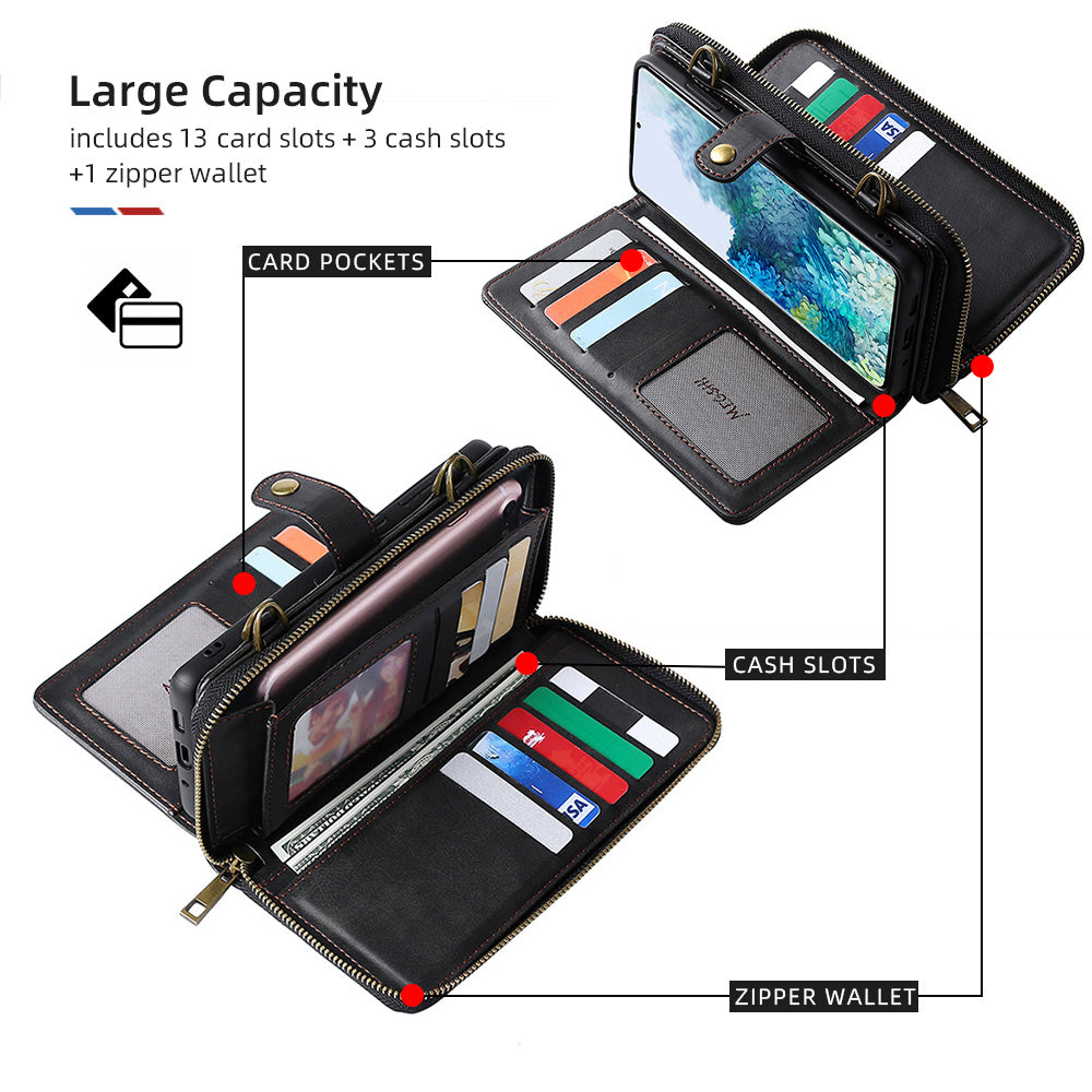 MEGSHI 020 Series PU Leather Wallet Case Magnetic Detachable Flip Folio Cover with Shoulder Strap for Samsung Galaxy S20 Plus 4G/5G - Black
