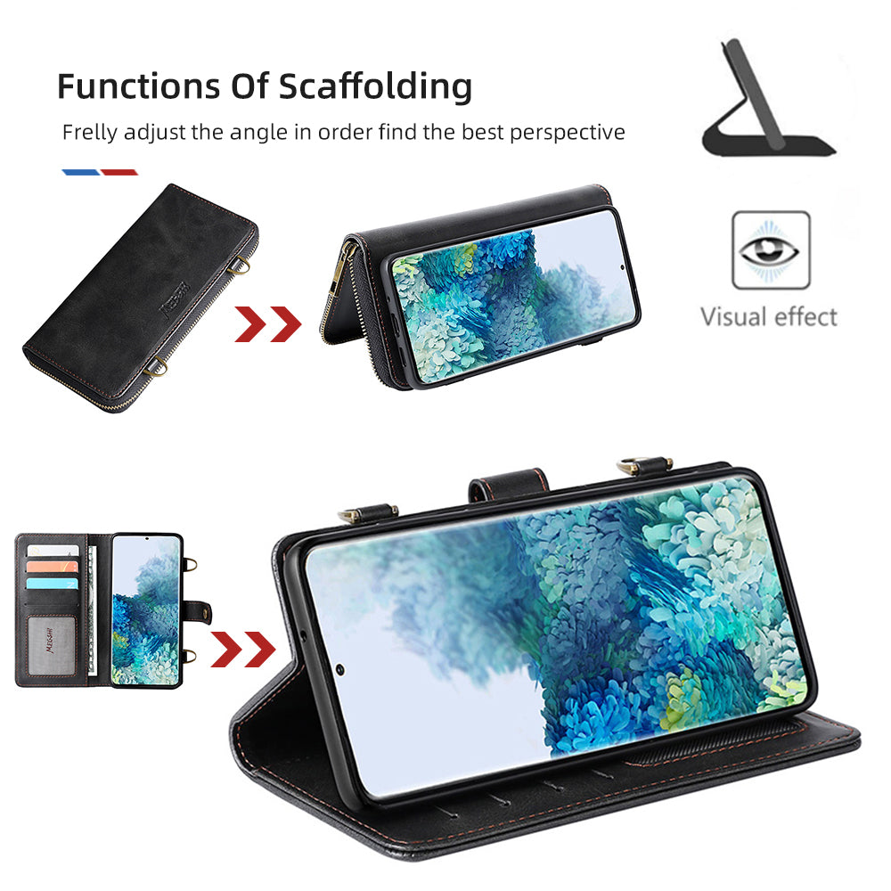 MEGSHI 020 Series PU Leather Wallet Case Magnetic Detachable Flip Folio Cover with Shoulder Strap for Samsung Galaxy S20 Plus 4G/5G - Black