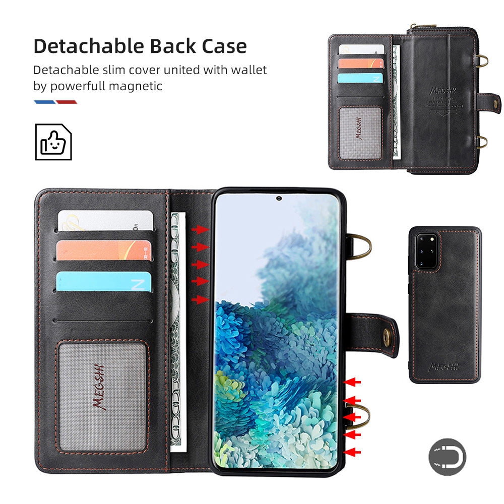 MEGSHI 020 Series PU Leather Wallet Case Magnetic Detachable Flip Folio Cover with Shoulder Strap for Samsung Galaxy S20 Plus 4G/5G - Black