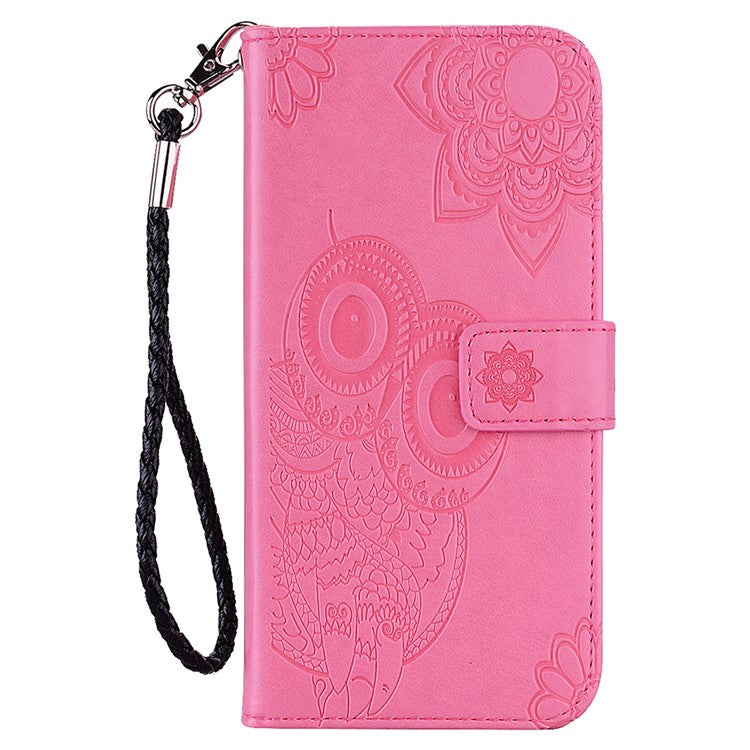 Owl Flower Pattern Imprinted PU Leather Wallet Stand All-Inclusive Protective Case with Strap for Samsung Galaxy S22 5G - Rose