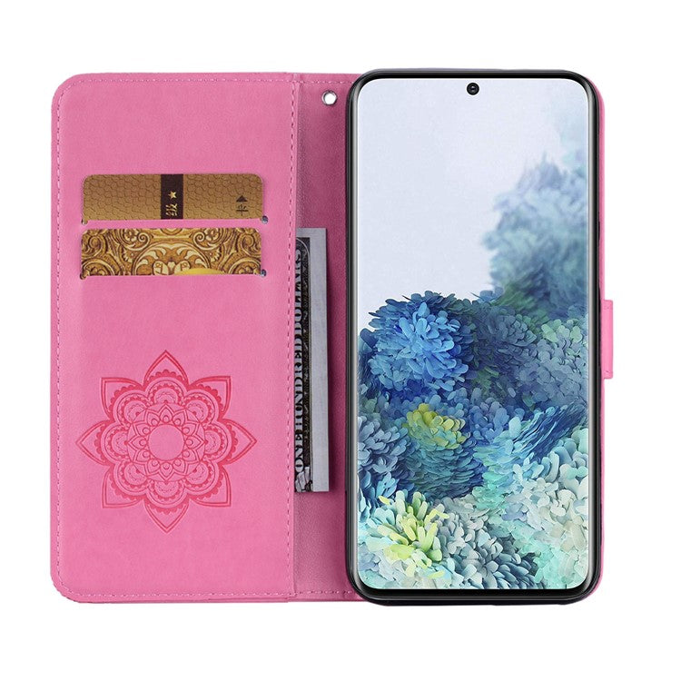 Owl Flower Pattern Imprinted PU Leather Wallet Stand All-Inclusive Protective Case with Strap for Samsung Galaxy S22 5G - Rose