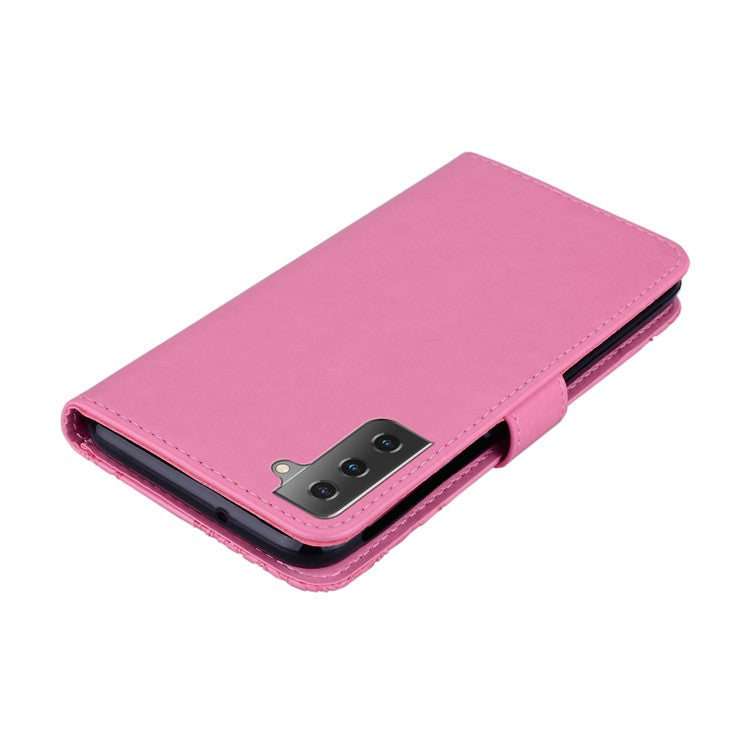 Owl Flower Pattern Imprinted PU Leather Wallet Stand All-Inclusive Protective Case with Strap for Samsung Galaxy S22 5G - Rose