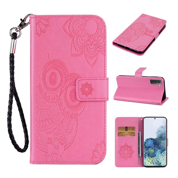 Owl Flower Pattern Imprinted PU Leather Wallet Stand All-Inclusive Protective Case with Strap for Samsung Galaxy S22 5G - Rose