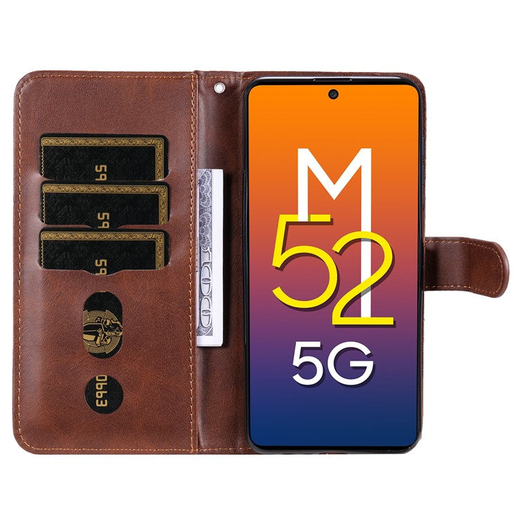 Folding PU Leather Phone Case Zipper Pocket Design Wallet Case with Adjustable Stand for Samsung Galaxy M52 5G - Brown