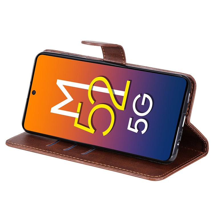 Folding PU Leather Phone Case Zipper Pocket Design Wallet Case with Adjustable Stand for Samsung Galaxy M52 5G - Brown