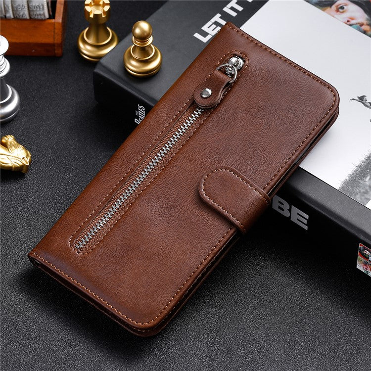 Folding PU Leather Phone Case Zipper Pocket Design Wallet Case with Adjustable Stand for Samsung Galaxy M52 5G - Brown