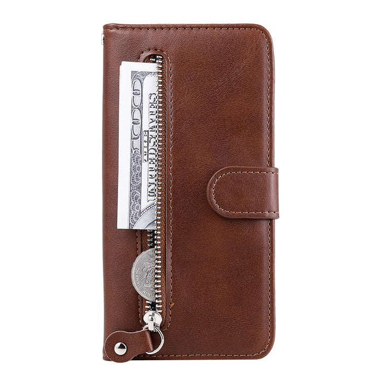 Folding PU Leather Phone Case Zipper Pocket Design Wallet Case with Adjustable Stand for Samsung Galaxy M52 5G - Brown