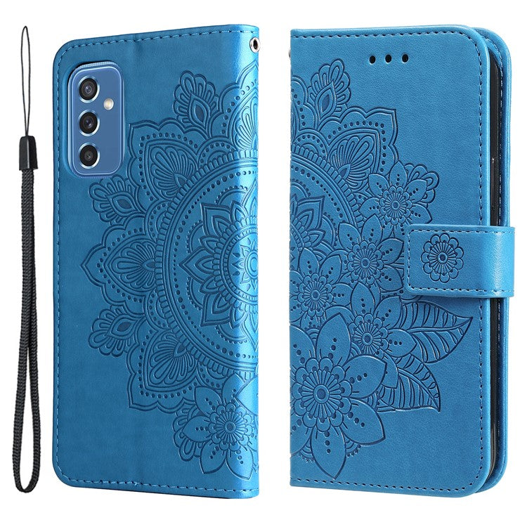 Phone Cover Flip Mobile Phone Case Imprinted Flower Pattern TPU+PU Leather Stand Wallet with Lanyard for Samsung Galaxy M52 5G - Blue