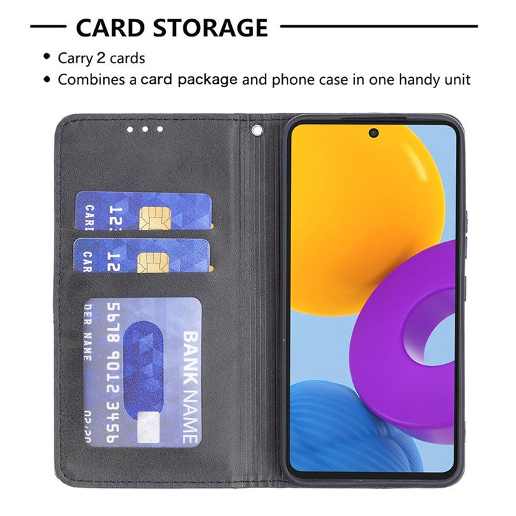 Card Slots Phone Cover Imprinting Rhombus-Like Pattern Design Leather Stand Phone Case Cover for Samsung Galaxy M52 5G - Black