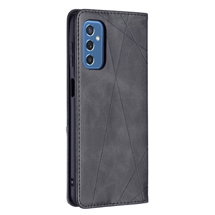 Card Slots Phone Cover Imprinting Rhombus-Like Pattern Design Leather Stand Phone Case Cover for Samsung Galaxy M52 5G - Black