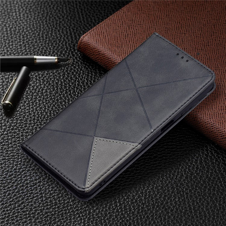 Card Slots Phone Cover Imprinting Rhombus-Like Pattern Design Leather Stand Phone Case Cover for Samsung Galaxy M52 5G - Black