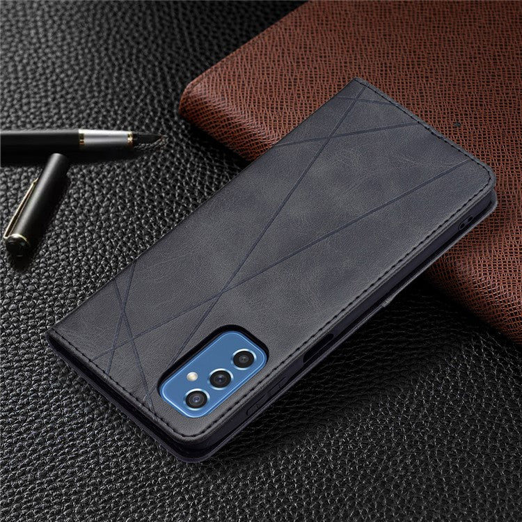 Card Slots Phone Cover Imprinting Rhombus-Like Pattern Design Leather Stand Phone Case Cover for Samsung Galaxy M52 5G - Black