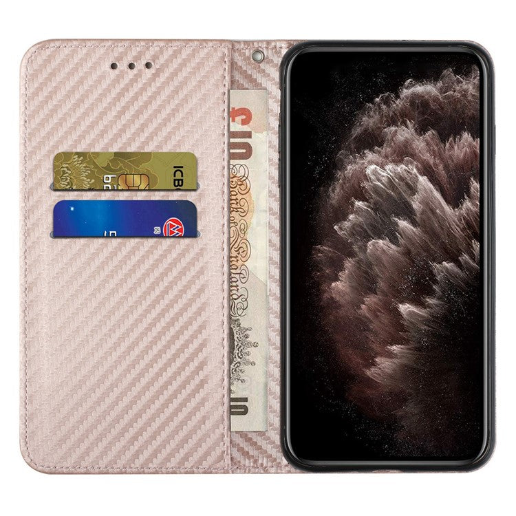 Carbon Fiber Texture Foldable Stand Shockproof Leather Wallet Case with Auto Closure Magnet for Samsung Galaxy S21 Ultra 5G - Rose Gold