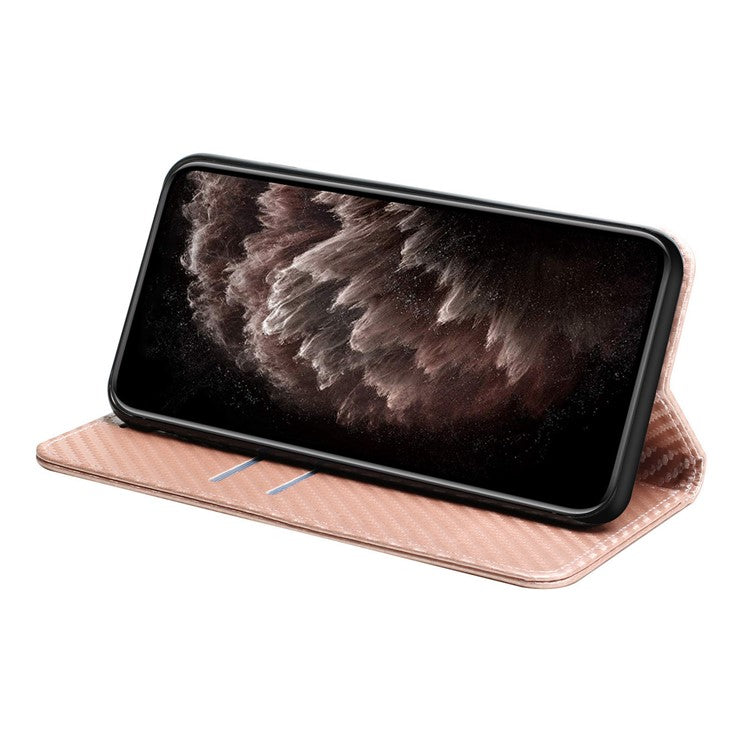 Carbon Fiber Texture Foldable Stand Shockproof Leather Wallet Case with Auto Closure Magnet for Samsung Galaxy S21 Ultra 5G - Rose Gold