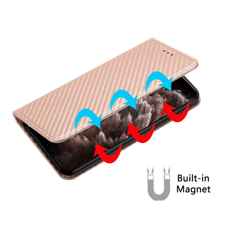Carbon Fiber Texture Foldable Stand Shockproof Leather Wallet Case with Auto Closure Magnet for Samsung Galaxy S21 Ultra 5G - Rose Gold