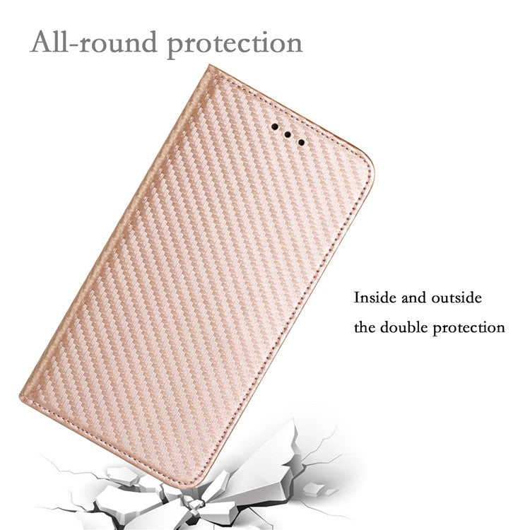 Carbon Fiber Texture Foldable Stand Shockproof Leather Wallet Case with Auto Closure Magnet for Samsung Galaxy S21 Ultra 5G - Rose Gold