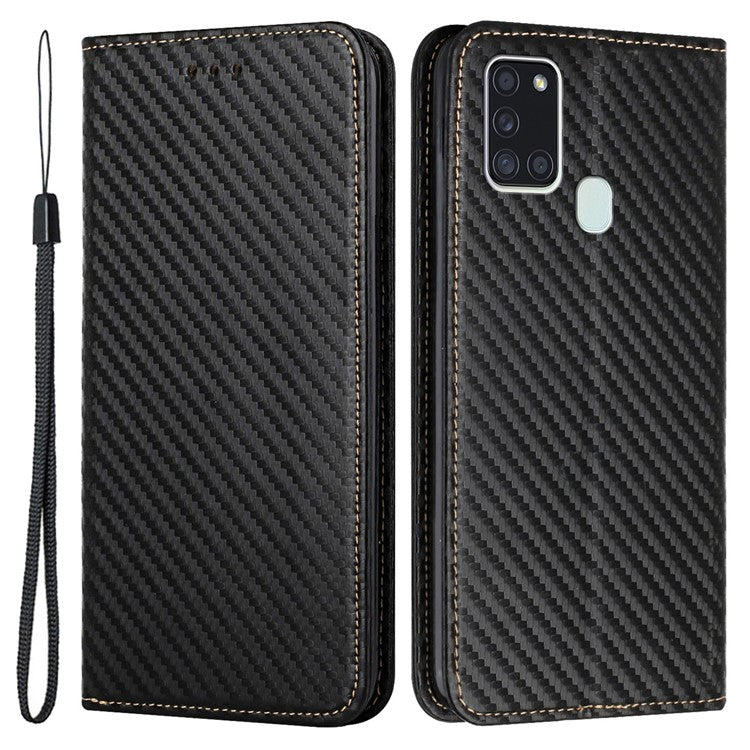 Anti-shock Phone Flip Cover Carbon Fiber Texture Stand Wallet Design Auto-absorbed PU Leather+TPU Phone Case for Samsung Galaxy A21s - Black