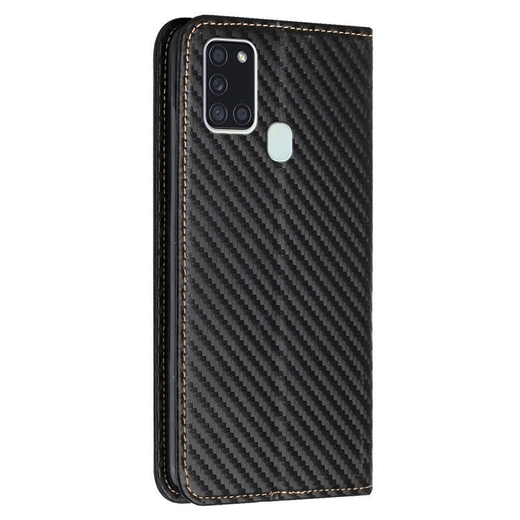 Anti-shock Phone Flip Cover Carbon Fiber Texture Stand Wallet Design Auto-absorbed PU Leather+TPU Phone Case for Samsung Galaxy A21s - Black