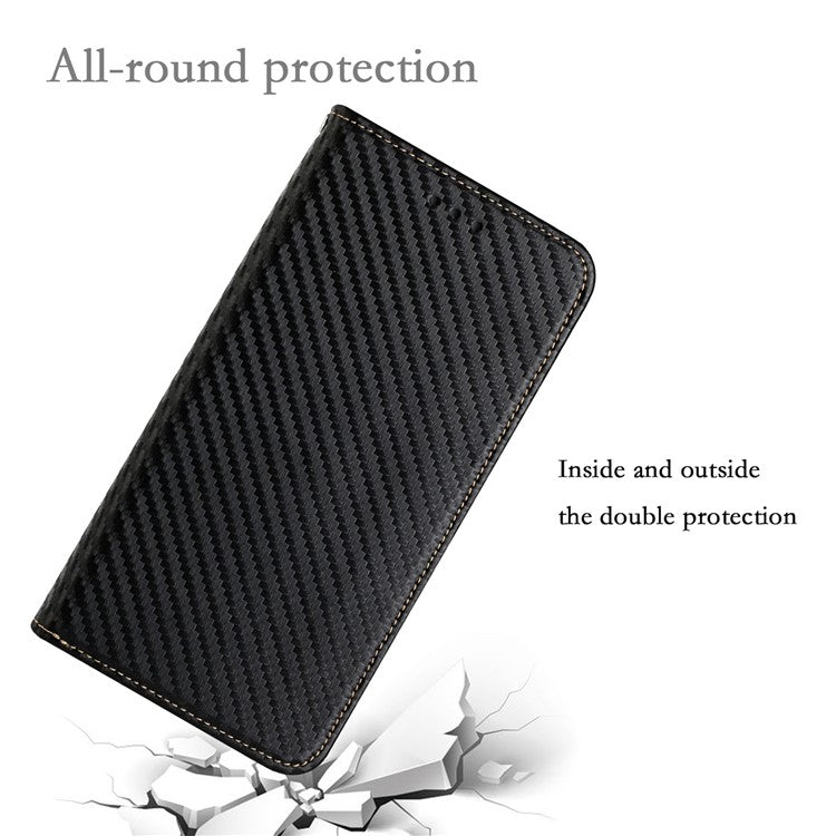 Anti-shock Phone Flip Cover Carbon Fiber Texture Stand Wallet Design Auto-absorbed PU Leather+TPU Phone Case for Samsung Galaxy A21s - Black