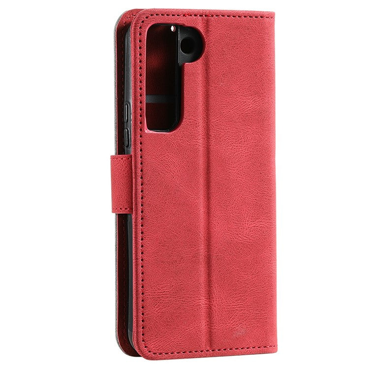 All-round Protection Cover Skin-touch Splicing PU Leather and TPU Drop-proof Phone Case with Stand and Wallet for Samsung Galaxy S22+ 5G - Red