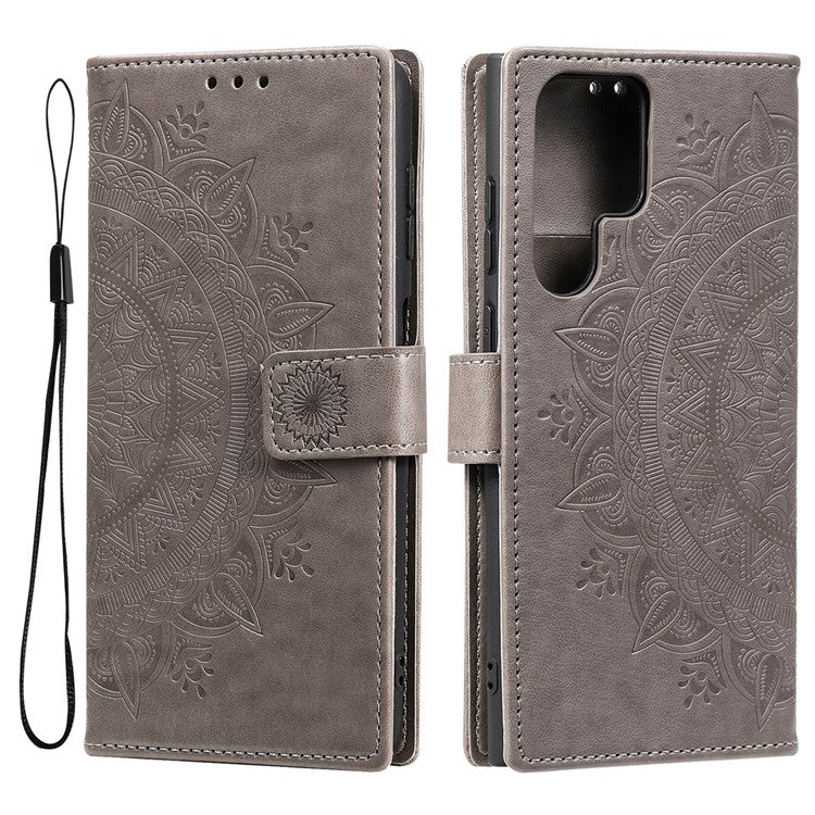 Magnetic Clasp Imprinting Mandala Flower Leather Shell Phone Wallet Stand Case with Strap for Samsung Galaxy S22 Ultra 5G - Grey