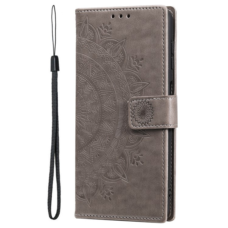 Magnetic Clasp Imprinting Mandala Flower Leather Shell Phone Wallet Stand Case with Strap for Samsung Galaxy S22 Ultra 5G - Grey