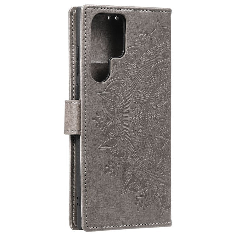 Magnetic Clasp Imprinting Mandala Flower Leather Shell Phone Wallet Stand Case with Strap for Samsung Galaxy S22 Ultra 5G - Grey