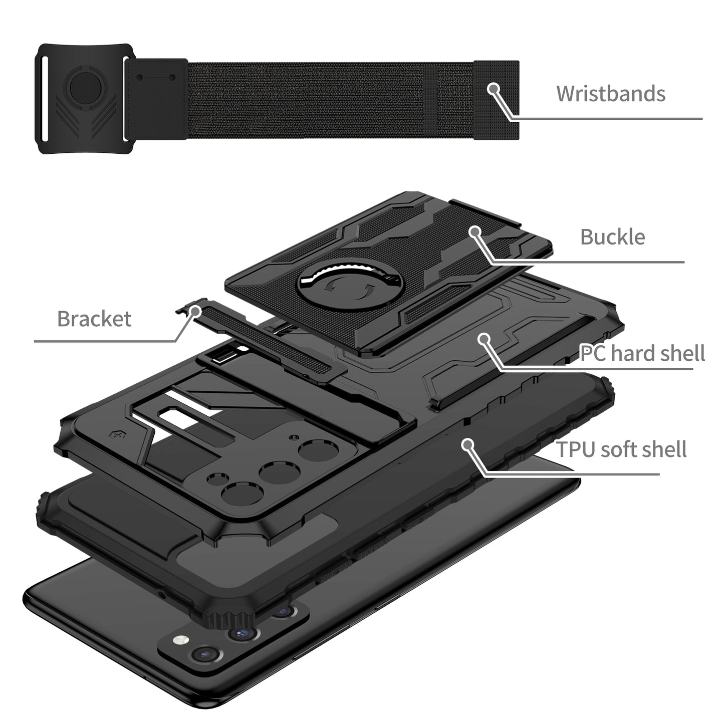 Kickstand Drop-resistant PC + TPU Phone Cover Case with Detachable Adjustable Wristband for Samsung Galaxy S20 FE 2022/S20 FE/S20 FE 5G/S20 Lite - Black